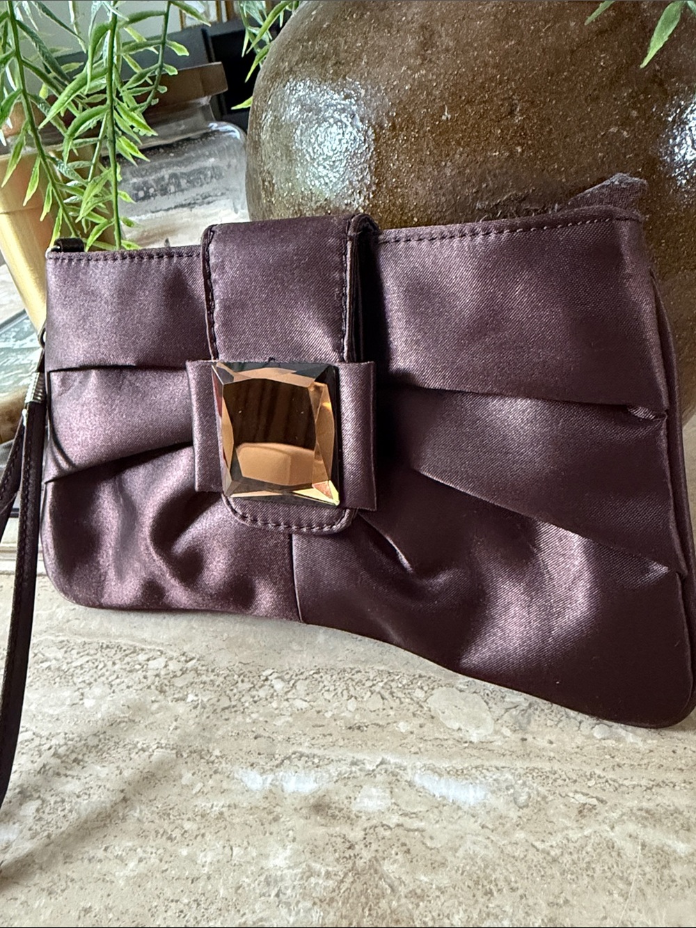 Nine West Satin Chocolate Brown  Clutch Wristlet Destinctive Faceted Gem Accent